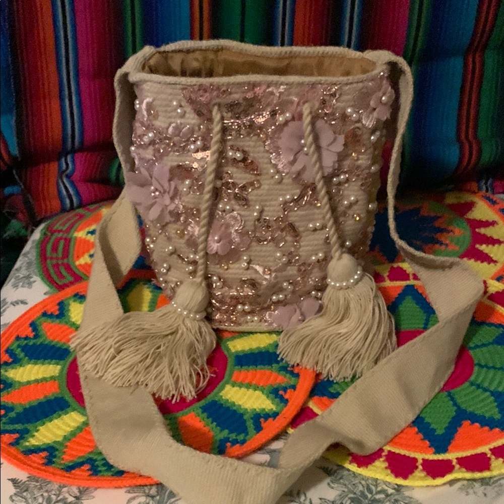 Embellished Beige and Pink Women's Bag